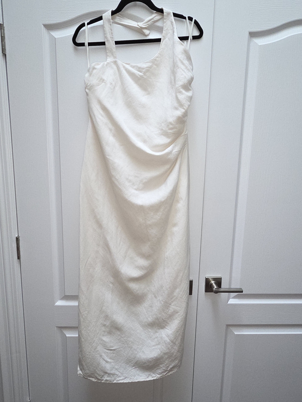 Oak + Fort Cream White linen blend dress with asymmetrical strap.
